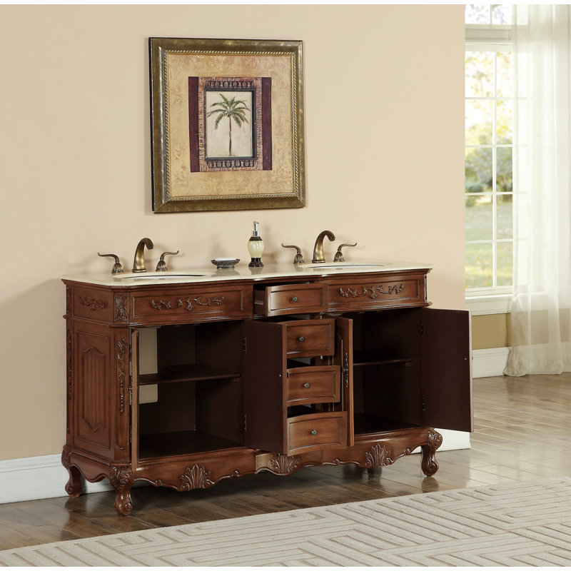 60'' Double Bathroom Vanity with Marble Top, Teak
