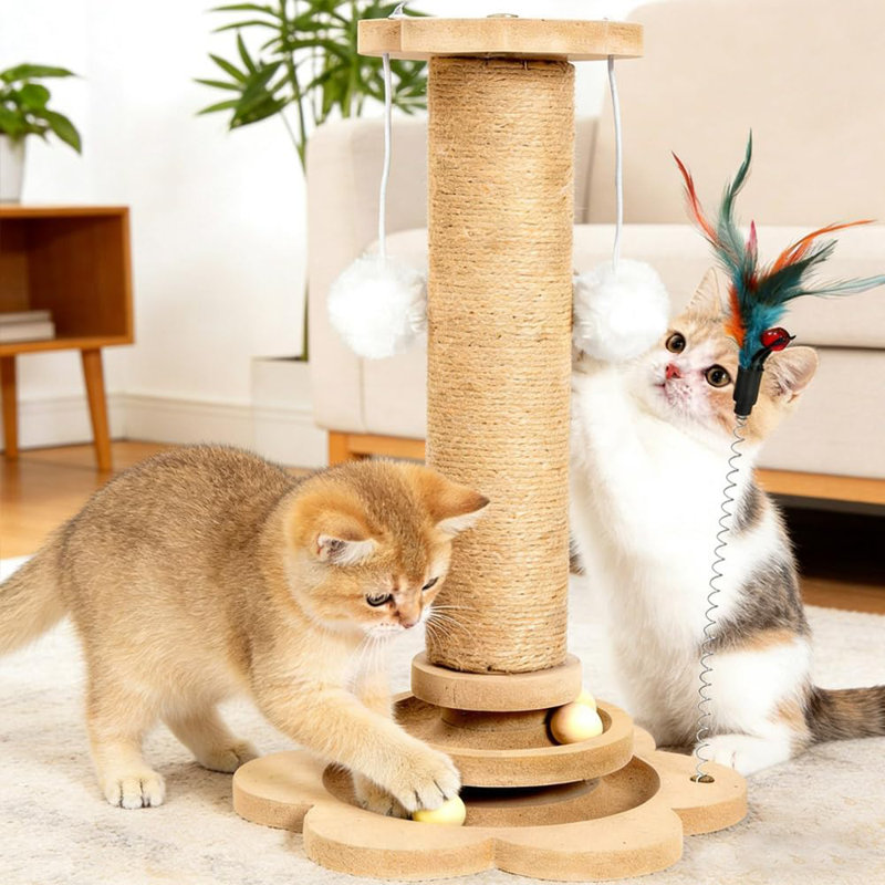 Indoor Cat Scratching Post Tall Sisal Scratch Pole With Pine Base, Interactive Feather & Game Balls For Kittens And Adult Cats