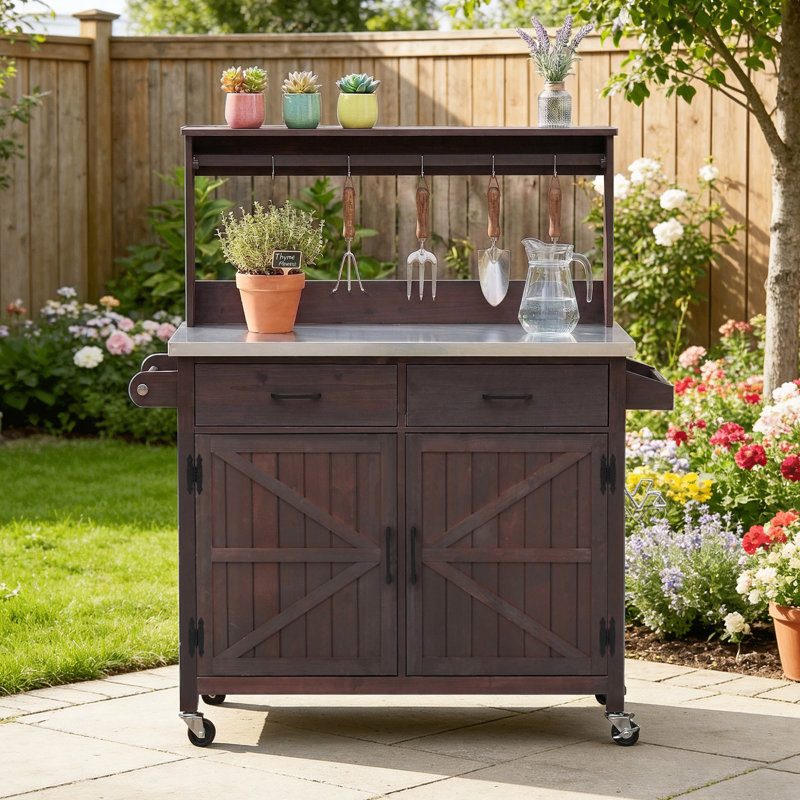 54.1" Outdoor Kitchen Island With Stainless Steel Top, Brown