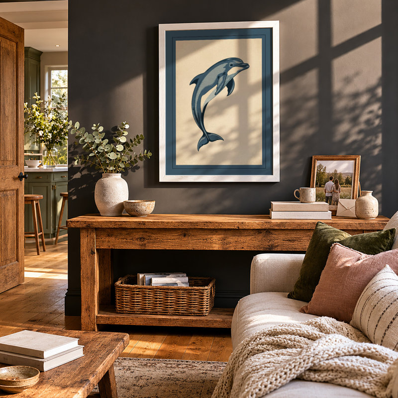 Leaping Dolphin Coastal - Framed Print, A3 - 42.0 x 29.7 cm, White