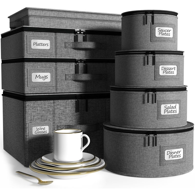 8-Piece Gray Quilted China Storage Set with Zipper Closure