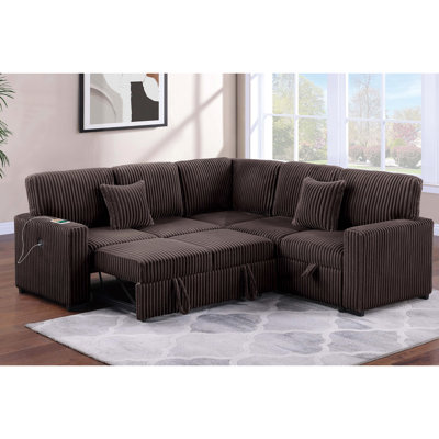 Canapé d'angle convertible 3 pièces contemporain avec rangement réversible et lit gigogne, couleur port, fini chocolat, pieds en plastique, pour salon, velours côtelé, sangles, couleur port.