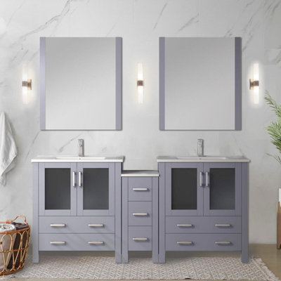 Gris foncé foncé de 72 po Meuble-lavabo double avec armoires latérales, robinet inclus, 28 miroirs et plateau en céramique à long terme avec comptoir à rayures en acier inoxydable