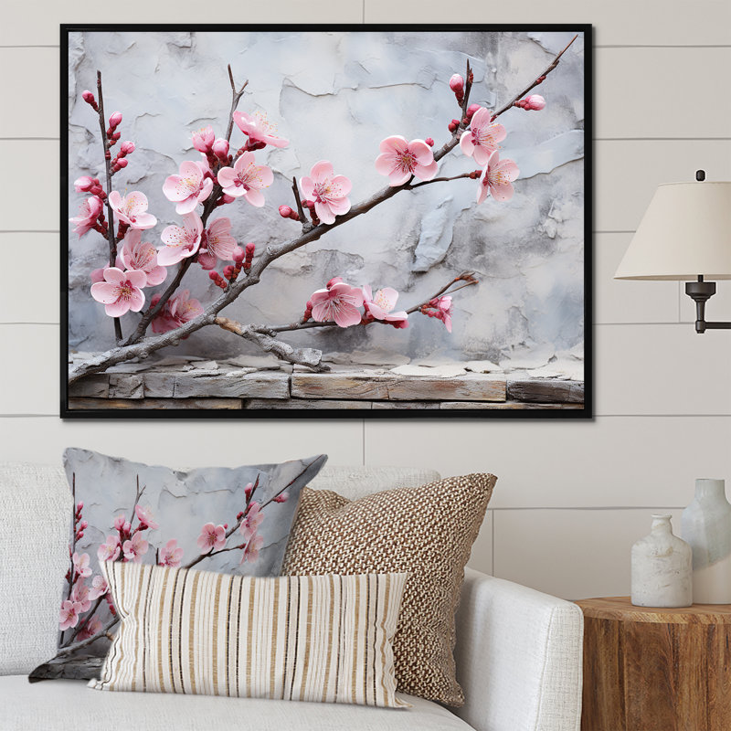 Fleurs de cerisier rose fin de l'hiver - art mural cerisier en fleurs, Cadre flottant noir, H 34 po x l 44 po x P 1,5 po
