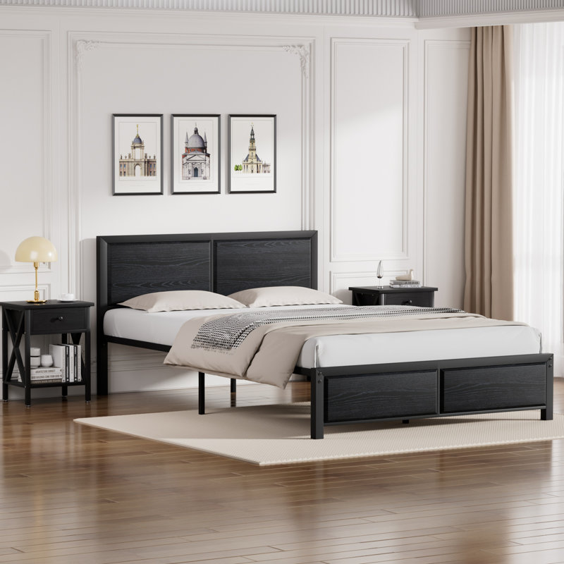 Kempst 3 Piece Full Size Bedroom Set, Modern Wood Platform Bed Frame and Nightstand Set, Farmhouse Industrial Bedroom Furniture Set in Black, No Box Spring Needed