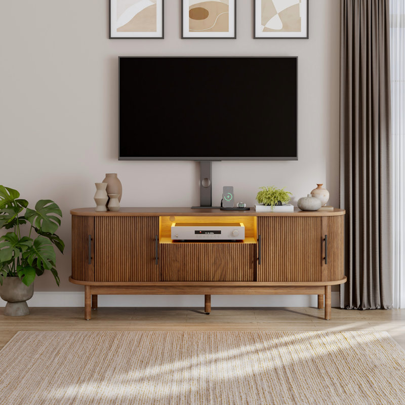  Meuble télé moderne à DEL avec support et support de charge, Brun, H 55 po x l 60 po x P 15,4 po