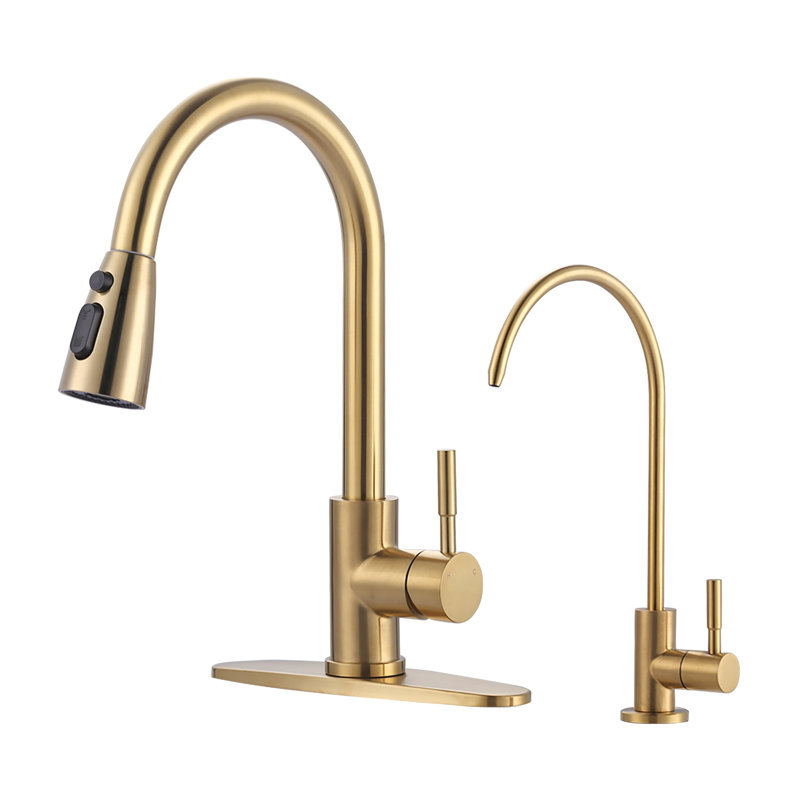Ensemble de robinet de cuisine et de filtre à eau rétractable en acier inoxydable ARCORA, Or
