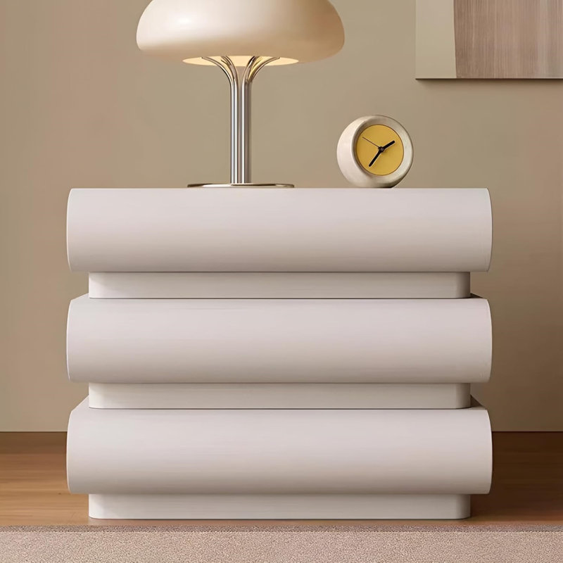 Creamy White Wavy Nightstand with 3 Drawers, Solid Wood Frame & Leather Finish, Modern Minimalist Bedroom Side Table