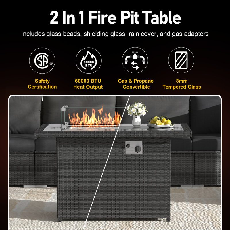 Alcalde 9-Piece Outdoor Wicker Conversation Set, Modular Sectional & 60,000 BTU Propane/Natural Gas Fire Pit Table, Gray