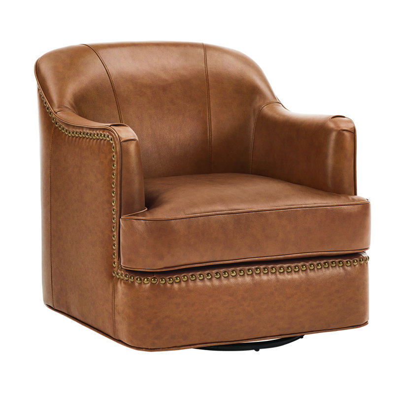 Fauteuil demi-tonneau pivotant en cuir véritable Fazio, Cognac