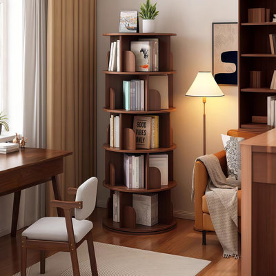 Bibliothèque rotative à 5 niveaux sur 360 degrés pour la chambre à coucher, le salon, le bureau - couleur noyer, bureau rond à économie d'espace et pivotant, noyer de pièce, installation facile à la mode