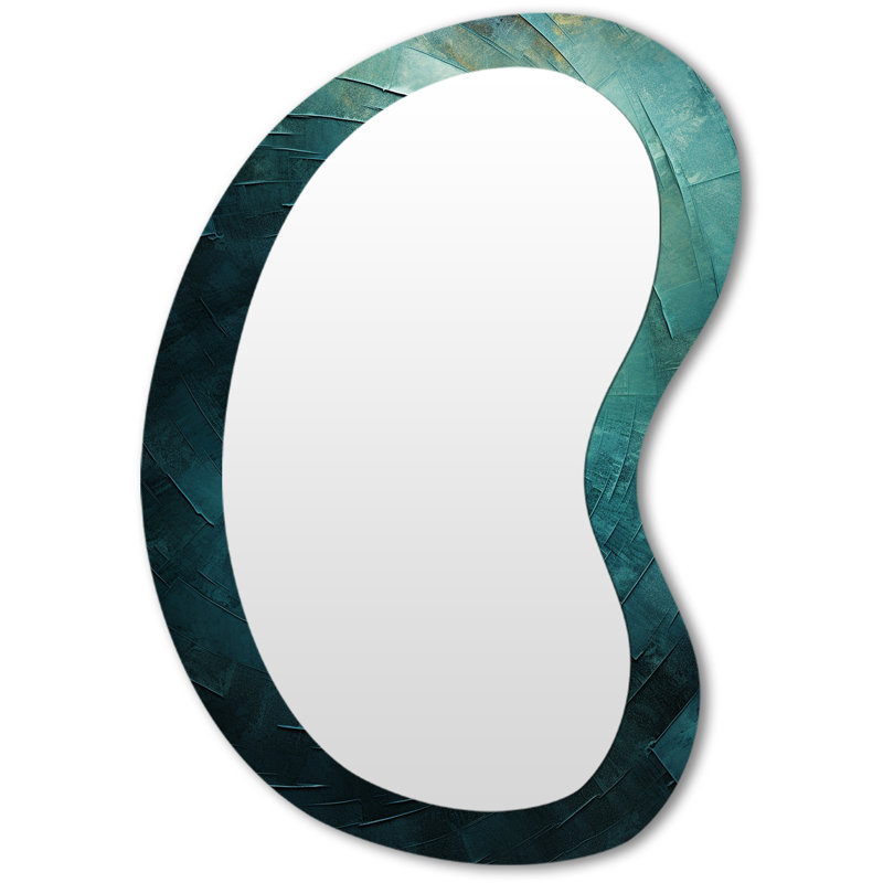 Essye Teal Twist Tranquility Spiral I - miroir mural asymétrique à spirales abstraites, miroir décoratif de forme unique bleu, impression sur métal
