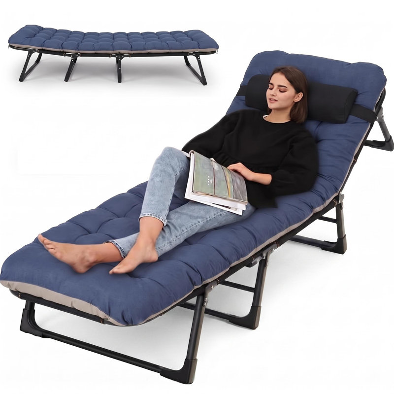 Lit de camp pliable pour adultes avec matelas, lit de camp pliant robuste avec oreiller réglable à 5 angles pour le soutien de bureau de randonnée 400 lb, bleu