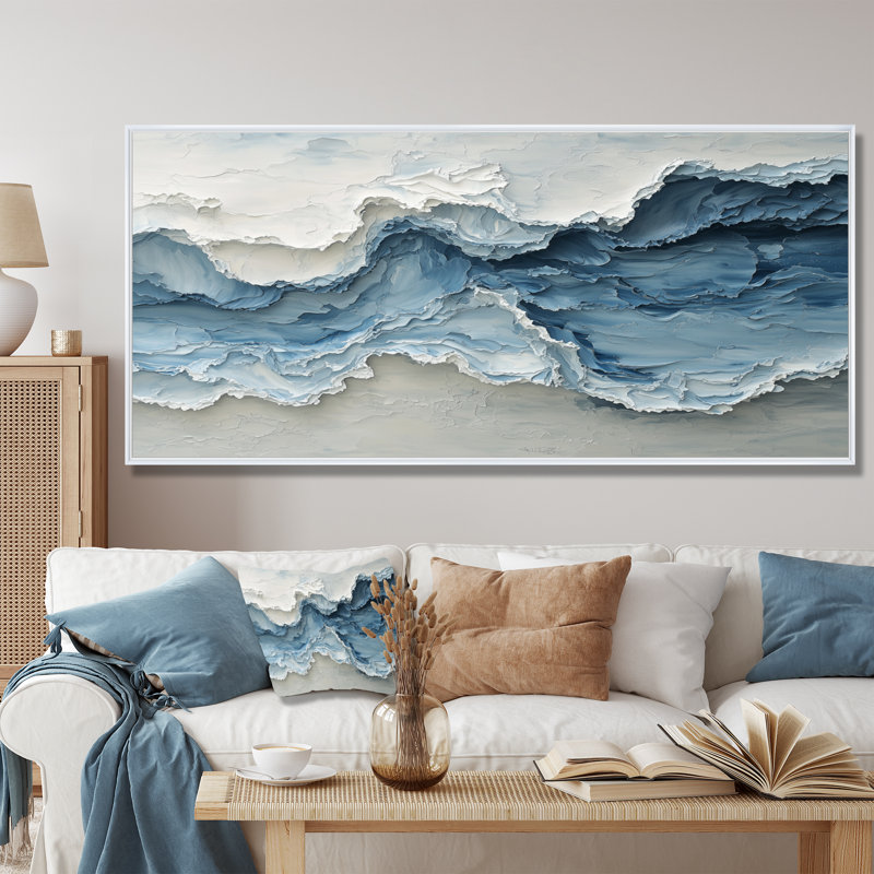 Waves Veil Of The Ocean III - art mural bord de mer pour le salon, H 28 po x l 60 po, Cadre flottant, Naturel
