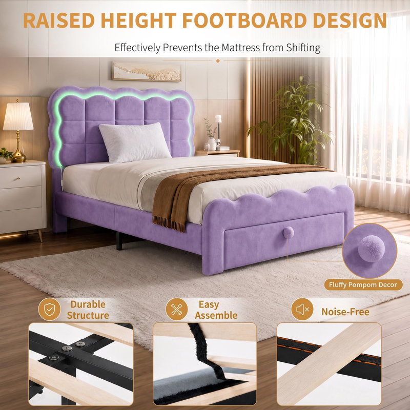 Structure de lit simple avec lumières DEL et tiroir de rangement, mauve | Tête de lit ondulée réglable, lit plateforme tapissier en velours pour enfants, support de lattes en bois massif, aucun sommier tapissier requis
