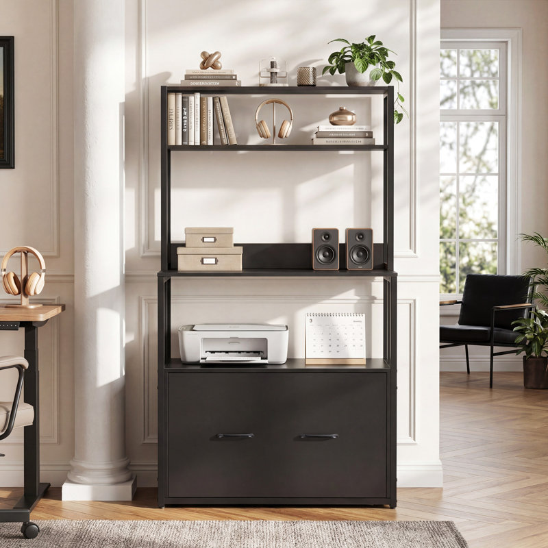 Vertical Filing Cabinet with Bookshelf for A4 & Letter, Black