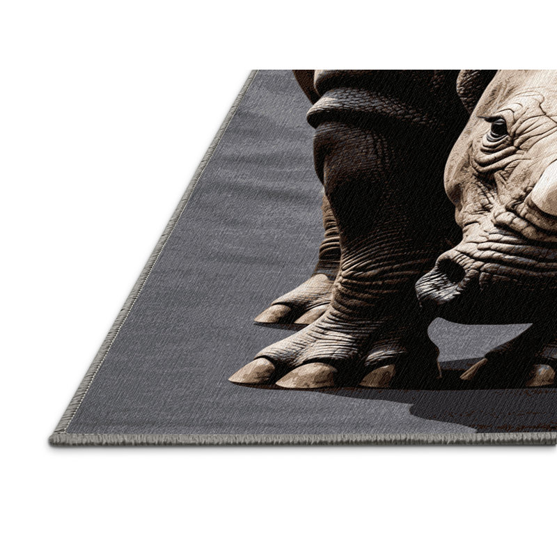 Washable Indian Rhinoceros Wildlife Area Rug, Round 7'