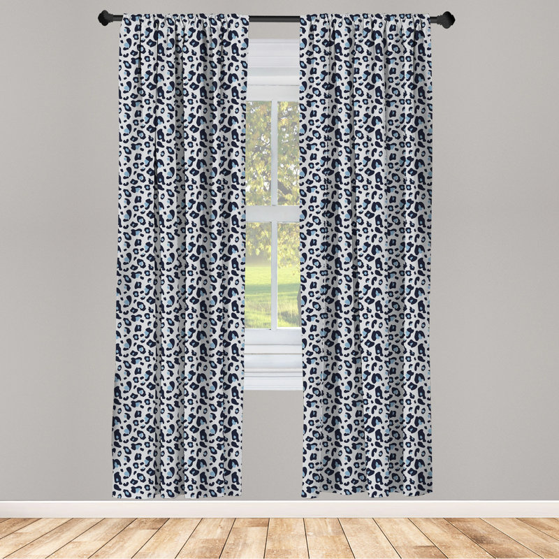 Leopard Print Blue and White Polyester Rod Pocket Curtain Panels, 84"