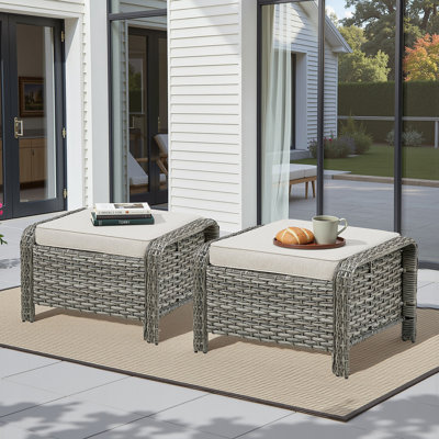 Ensemble de 2 repose-pieds d'extérieur en osier PE avec coussin pour la cour ou la terrasse