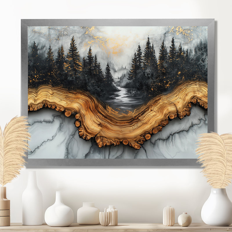Paysage hivernal de forêt avec rivière en cristal II - forêt, art mural, H 12 po x l 20 po, Cadre simple, Argent argent