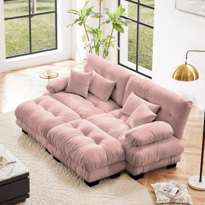 Cloud Couch Sleeper Sofa For Living Room, Chenille 2 Seater Sofa With 2 Lumbar Pillows And 2 Throw Pillows , Upholstered Wide Arm Sofa With 2 Ottomans,Chenille Pink