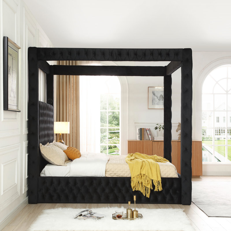 Black Velvet Tufted Upholstered Queen Canopy Bed Frame