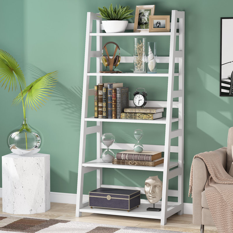 5-Tier Bookshelf, Ladder Industrial-Style Shelving, Suitable for Living Rooms, Studies, and Offices, White