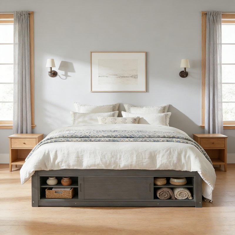 Grand lit plateforme antique gris - 4 tiroirs de rangement + casier de pied de lit, sans tête de lit, conception moderne peu encombrante