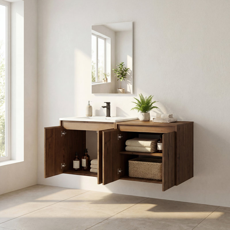 Meuble-lavabo flottant simple 48 po avec lavabo en céramique et conception sans poignée, Bois naturel, 48"