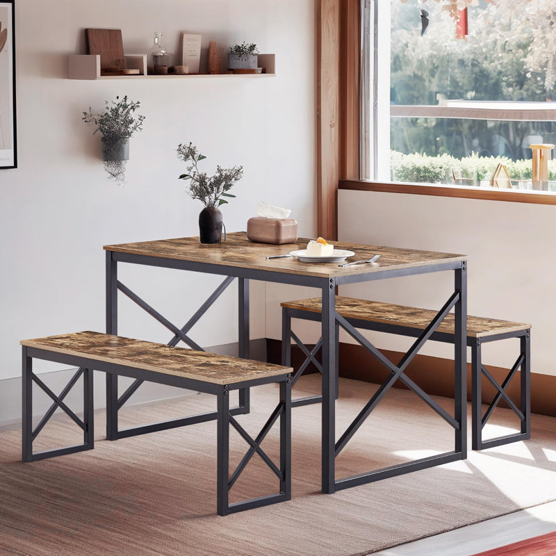 Kitchen Table With 2 Benches For 4, 43.3'' Wood Dining Room Dinette Sets With X Metal Frame For Breakfast Nook And Small Space, Brown
