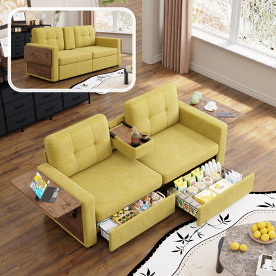 Canapé deux places en chenille avec tables d'appoint pliables, console porte-gobelets et tiroirs de rangement