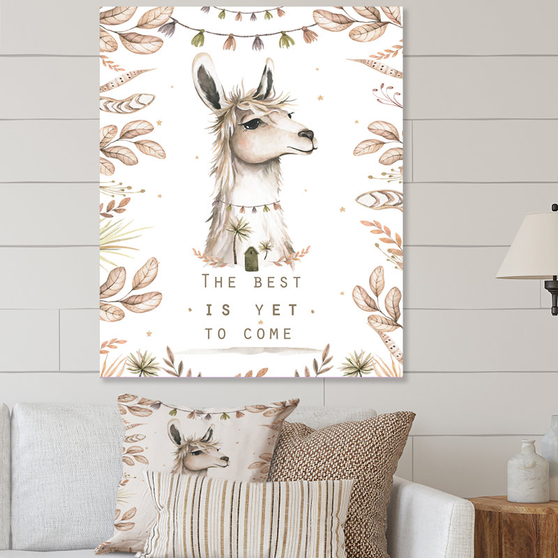Mignon dessin de tête de lama pour enfants - décoration murale traditionnelle en toile, H 12 po x l 8 po x P 1 po