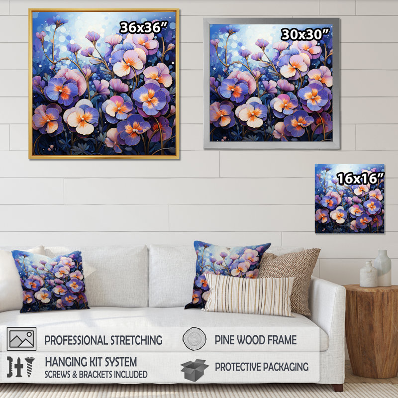 Purple Pansies Field Pointillism Dot II - Floral Canvas Wall Art, H 30 po x l 30 po x P 1 po, Cadre flottant doré