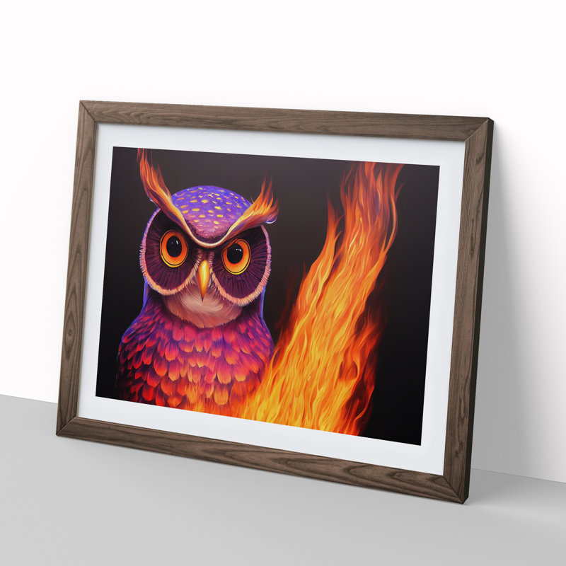 Flaming Owl - Single Picture Frame Print, 25cm H x 34cm W x 2cm D, Walnut Framed