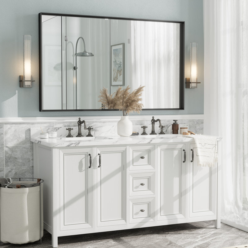Aevar Tempered Glass and Aluminum Alloy Framed French Cleat Mounted Wall Mirror with 5-Year Warranty, 60" x 36", Matte Black