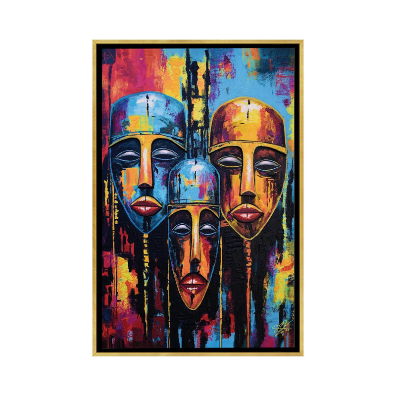 Trio de visages, reproduction d'art sur toile encadrée, H 48 po x l 32 po, Impression encadrée sans passe-partout, Doré