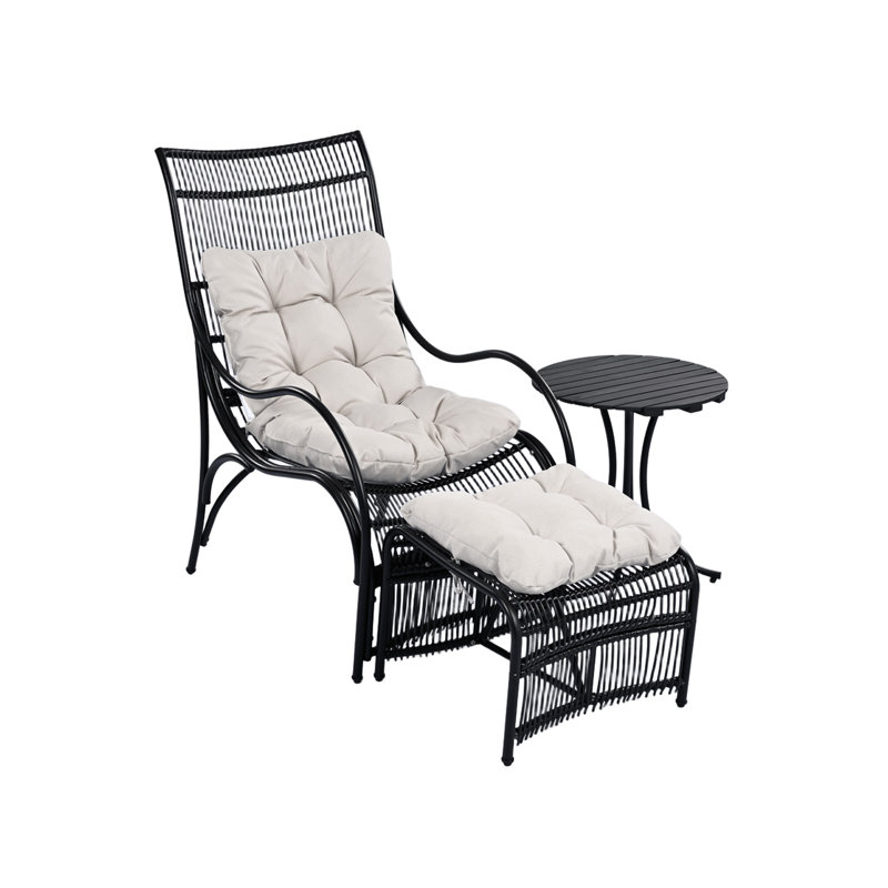 3 Pieces Wicker Outdoor Patio Furniture Set With Lounge Chair, Balcony Chairs Table Set With Cushions, Ottoman, Patio Conversation Sets For Garden ,Deck,And Porch, Black & Beige