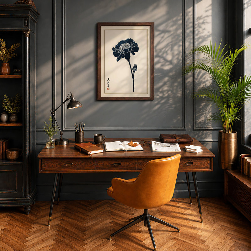 Carnation in Ink Japandi - Framed Print, Walnut, A4 - 29.7 x 21.0 cm