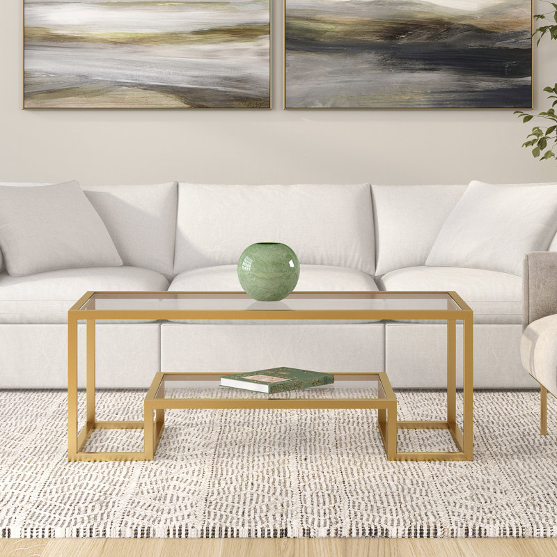 Athena Glass Top Coffee Table, Brass, 17" H x 45" L x 20" W