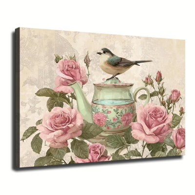 Oiseau rétro sur une théière avec roses roses, art Shabby Chic, grande impression sur toile tendue avec châssis pour le salon, la chambre à coucher