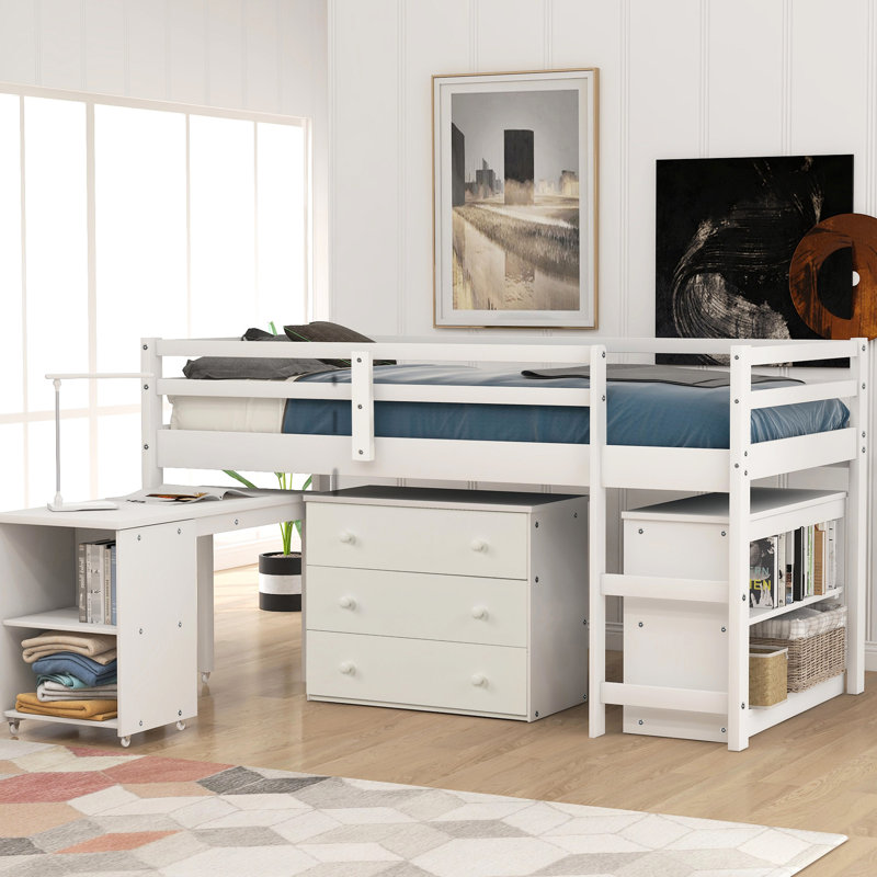 Lit mezzanine simple avec armoire et bureau roulant - blanc, artisanat de rangement blanc robuste, Blanc
