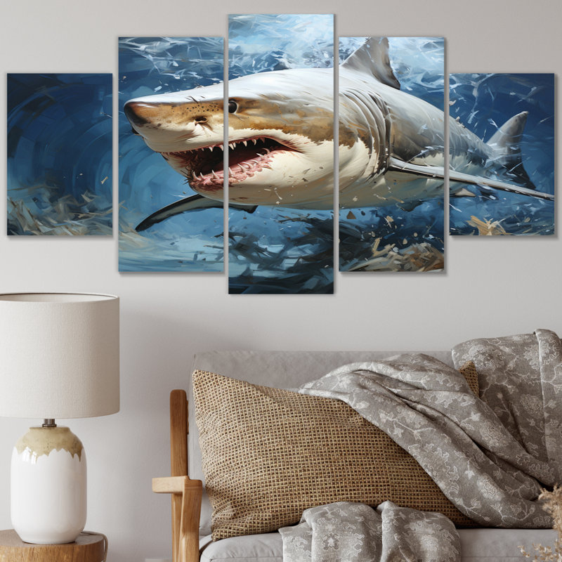 «Grey Teal Shark Stride», art mural sur toile animaux, 5 panneaux