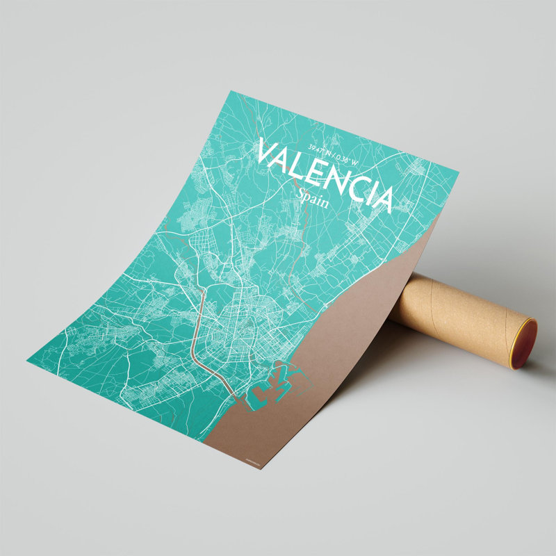 Valencia, carte de la ville, impression, Vert / Brun, H 20 po x l 16 po