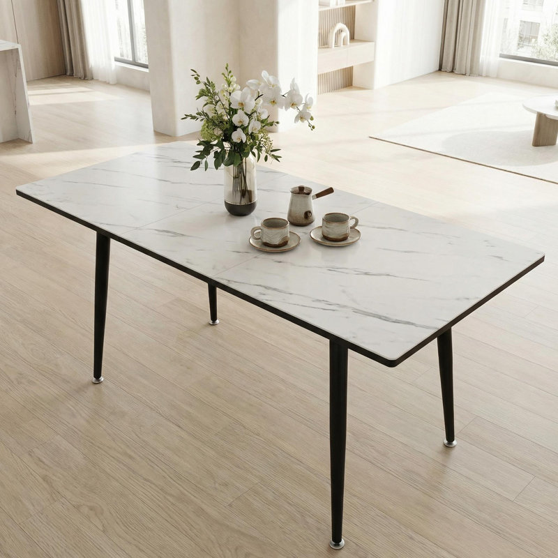 Expandable 47"–63" White Marble Mdf Dining Table With Black Metal Legs