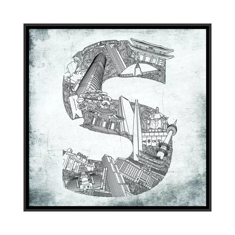 Séoul, lettres, monogrammes et noms, H 18 po x l 18 po x P 1,5 po, Toile avec cadre noir, Non mat