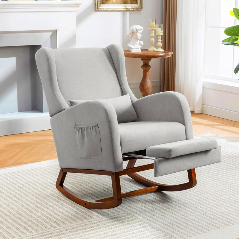 Chaise berçante moderne avec repose-pieds et fauteuil rembourré avec base en bois massif, Gris