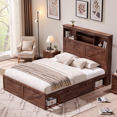 Farmhouse Full Size Bed Frame With 52" Tall Storage Headboard And Led Light, Wood Platform Bed Frame With 4 Drawers And Charging Station,wood Slats Support,no Box Spring Needed