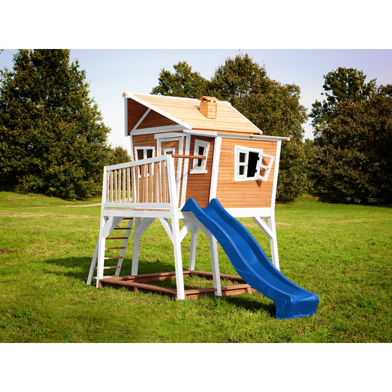 Max AXI 432cm W x 193cm D Outdoor Hemlock Wood Luxury Playhouse, Brown/White/Blue