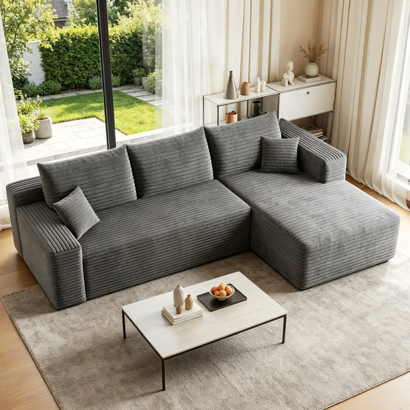 95" Modern Minimalist L‑Shaped Cloud Sectional Sofa, Plush Striped Corduroy Upholstered Corner Couch with Spring‑Pack Cushion, No Assembly Required,Gery