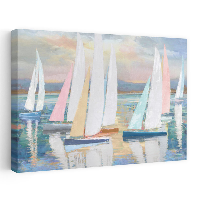 Coucher de soleil sur la voile - voiliers colorés côtiers contemporains, H 48 po x l 32 po